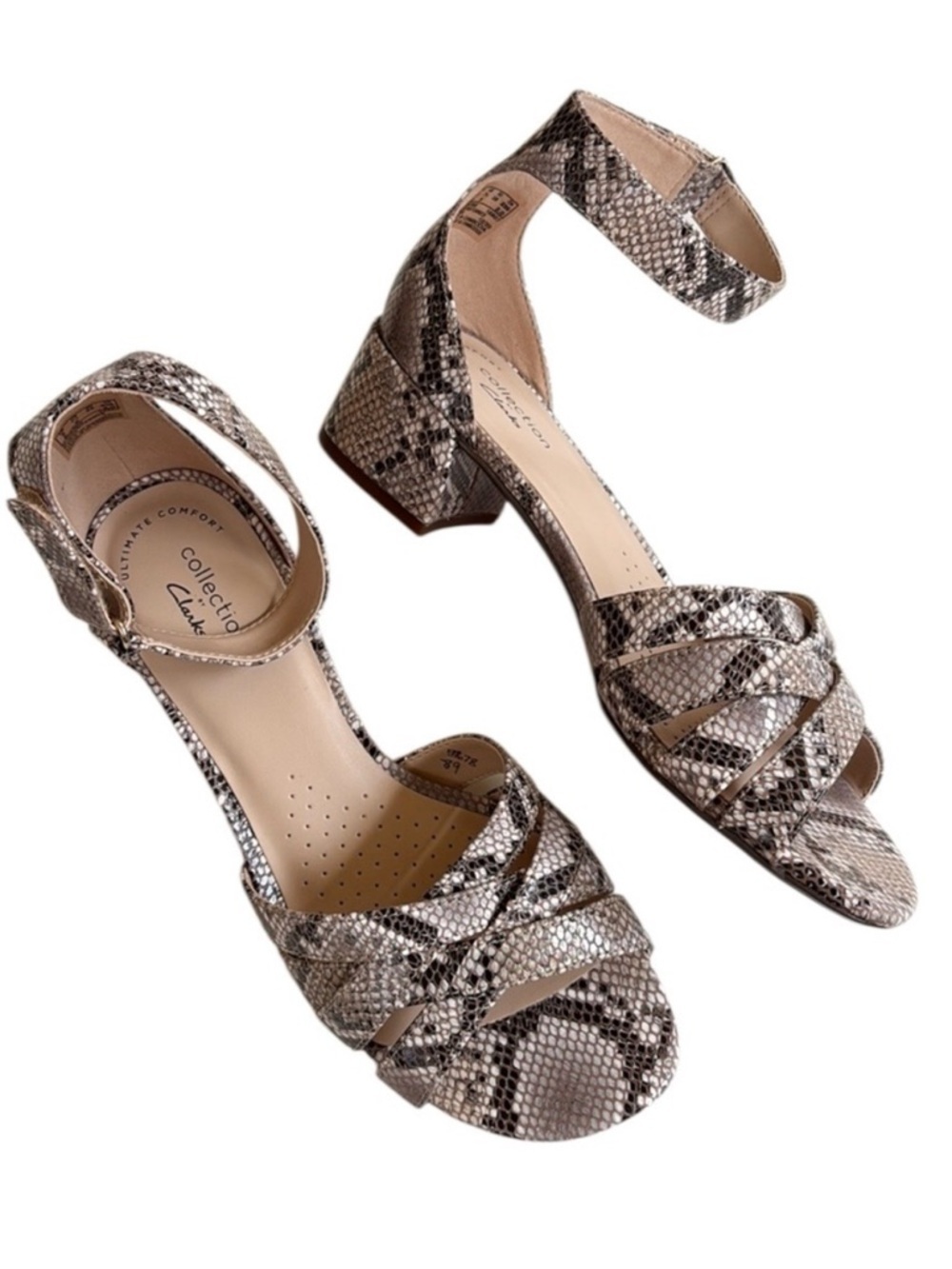 NEW Clarks Coraleigh Rori Heeled Sandals Snakeskin Size 7.5 Wide Width